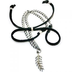 diamond leaf chain leather necklace